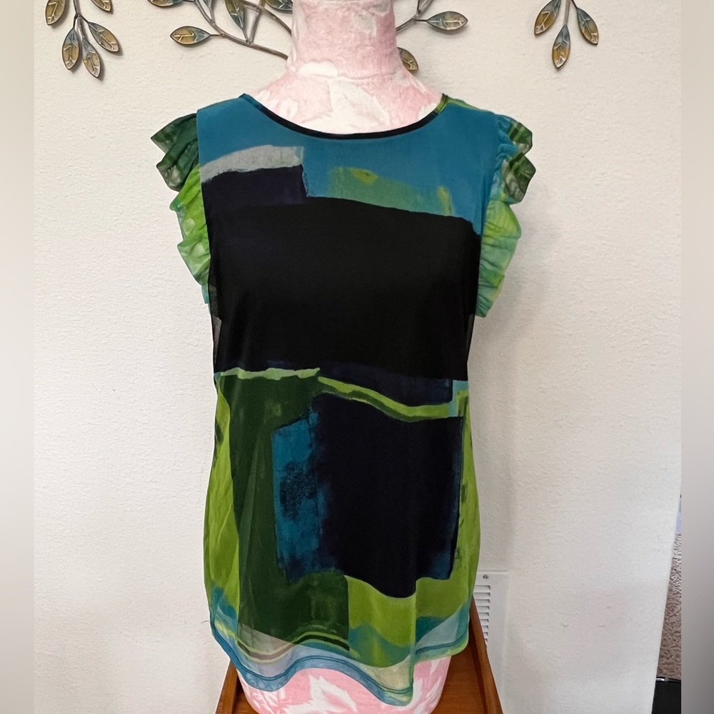 DKNY Women's Top with Blue and Green Abstract Design